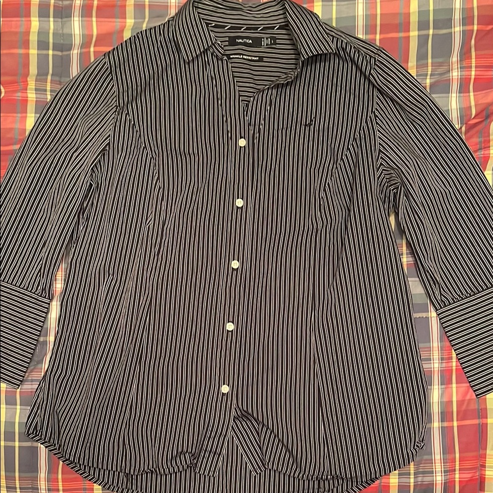 Nautica women’s Black Casual Button Down Shirt with Stripes